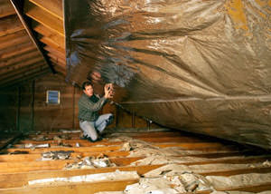 A radiant barrier installed in a Fish Kill attic
